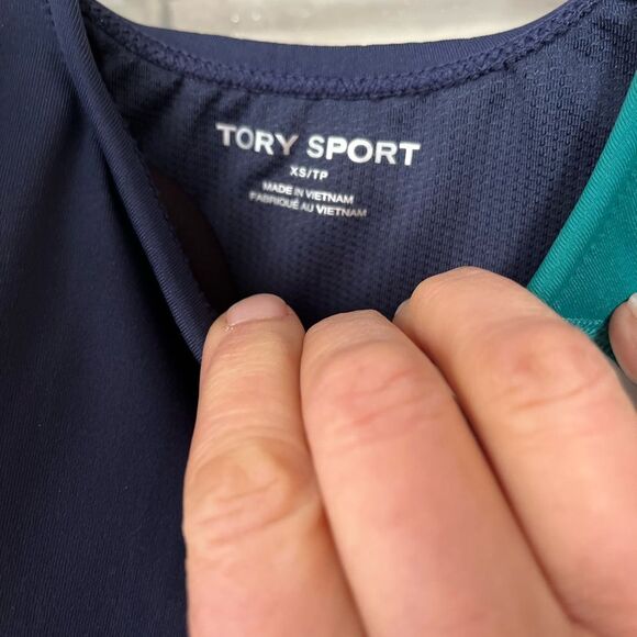 Tory Burch blue/white/green color block sports bra & highrise bike shorts set XS - Picture 10 of 14